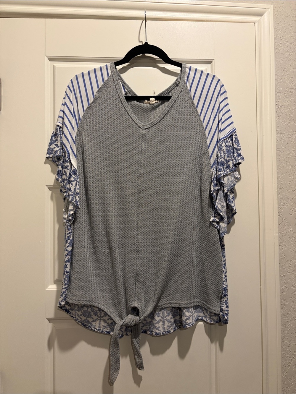 Light Blue Mixed-Print Tie-Front Women's Top